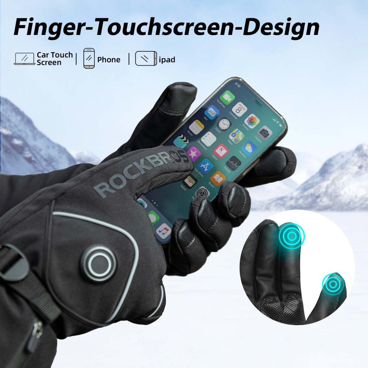 Gants de ski d'hiver chauffants rechargeables noirs ROCKBROS – Image 6